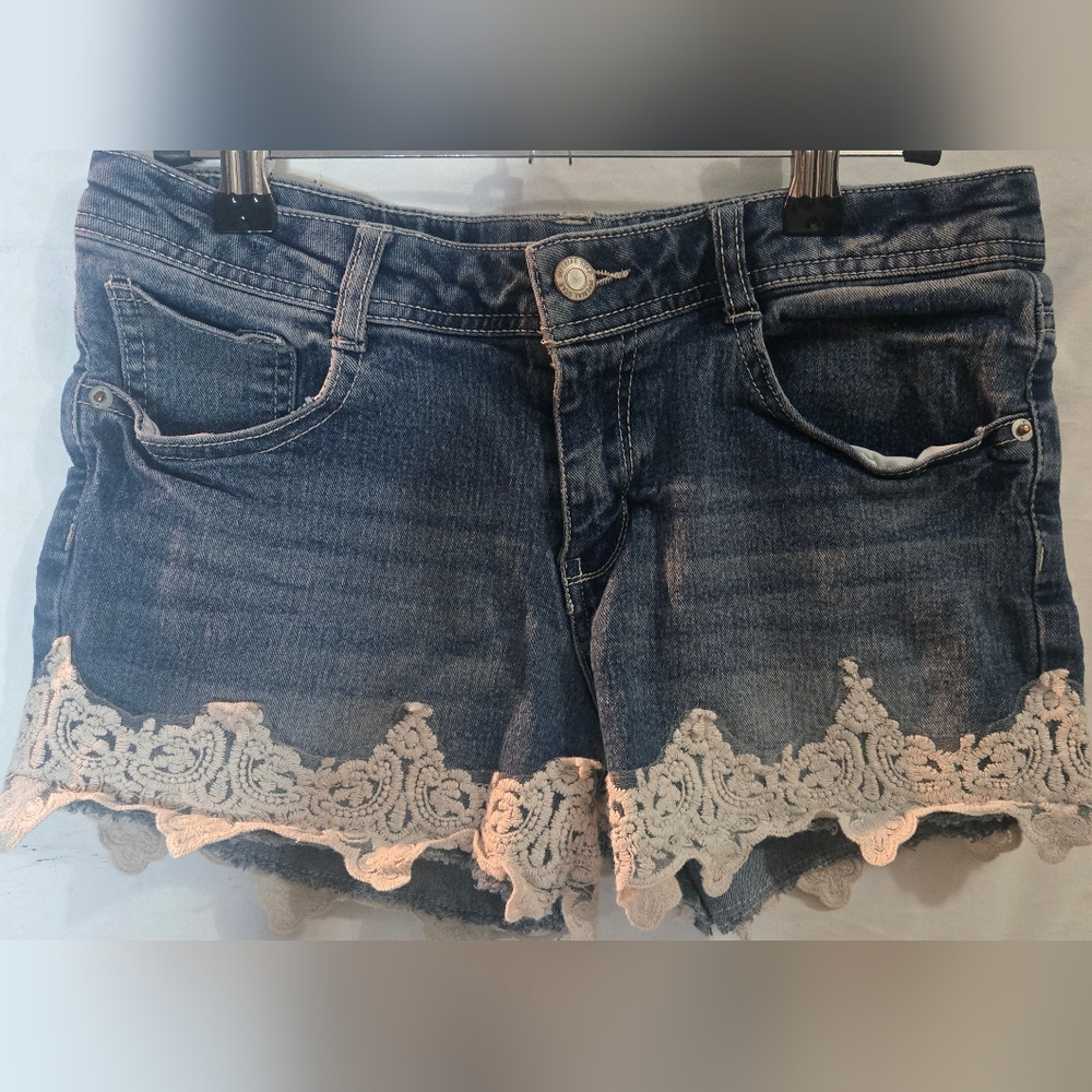 Imperial Star Blue and White Jean Shorts with Lace Trim
